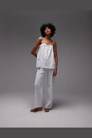 MANGO Pantalones de pijama blancos de pernera ancha de algodón con ribete de encaje Mix & Match de