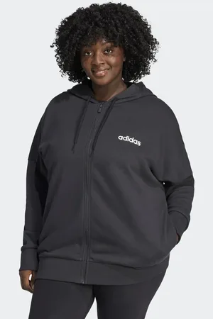 adidas Sudadera negra y blanca con capucha, cremallera y logo lineal de felpa de rizo Essentials de -Negro