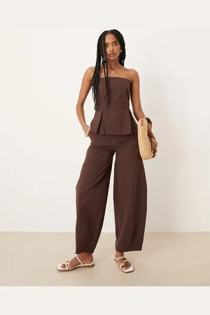 ASOS Pantalones marrón de pernera barrel de mezcla de lino de -Azul