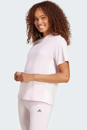 adidas Camiseta rosa claro y blanca básica con 3 rayas de algodón de
