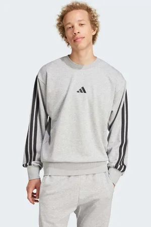 adidas Sudadera gris medio jaspeado y negra con 3 rayas de felpa rizada Essentials de