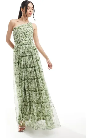 Lace & Beads Vestido de dama de honor largo verde oliva asimétrico con estampado floral de tul de