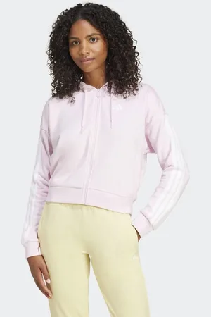 adidas Sudadera rosa claro y blanca con capucha, cremallera y 3 rayas de felpa rizada Essentials de