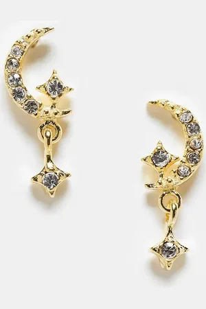 Kingsley Ryan Pendientes de botón con diseño de luna y estrellas con cristales chapados en oro de -Dorado