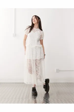 Reclaimed Vestido midi blanco con capa superior de encaje para festivales de