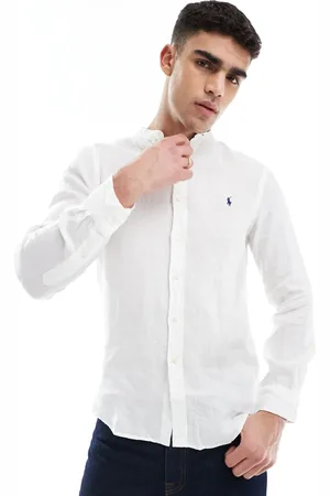 Ralph Lauren Camisa blanca de corte slim con cuello henley y logo de lino de