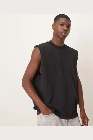 ASOS Camiseta negra extragrande sin mangas con acabado lavado de tejido grueso de 220 g/m² de