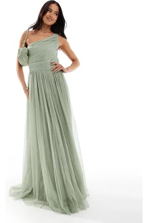 Lace & Beads Vestido de dama de honor largo verde salvia pastel asimétrico de