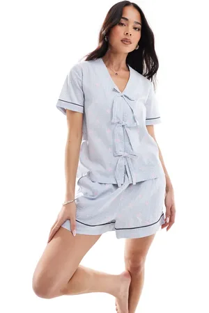 Chelsea Peers Pijama de camisa de manga corta con solapas y pantalones cortos con estampado de rayas y estrellas de mar de sirsaca de