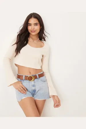 ASOS Top corto color de manga larga y corte cuadrado con detalle de ribete de canalé de -Blanco