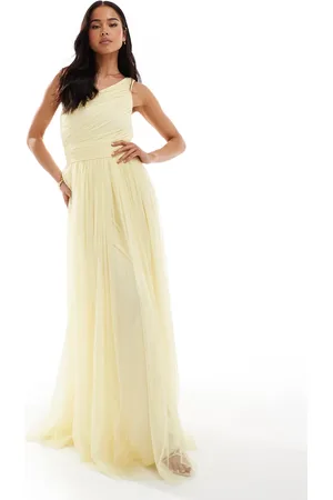 Lace & Beads Vestido de dama de honor largo amarillo mantequilla con diseño asimétrico de