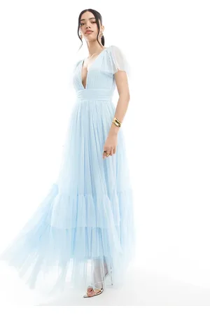 Lace & Beads Vestido de dama de honor largo azul empolvado Madison de