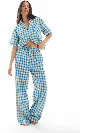 Daisy Street Pantalones de pijama a cuadros sin cierres con estampado floral de