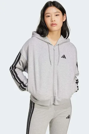 adidas Sudadera gris claro jaspeado y negra con capucha, cremallera y detalle de 3 rayas de felpa de rizo Essentials de