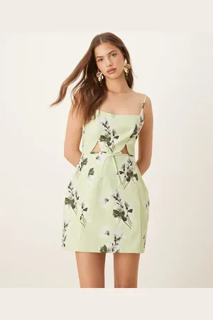 ASOS Vestido corto verde salvia estructurado con estampado floral, lazo y aberturas de -Multicolor