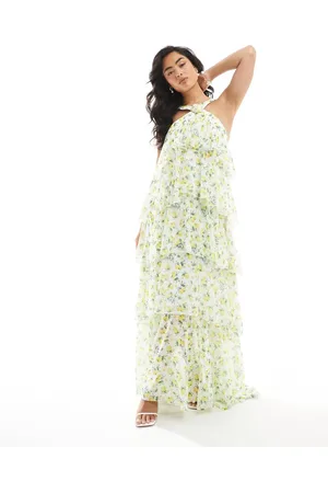 VERO MODA Vestido largo escalonado con cuello halter, detalle de flor y Felicia de -Amarillo