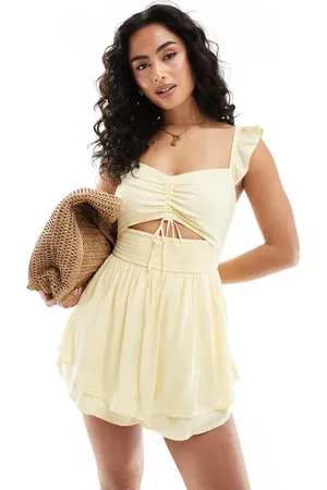 Hollister Monos cortos amarillo con mangas acampanadas, abertura y estampado de lunares de