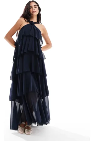 VERO MODA Vestido largo escalonado con cuello halter y detalle de flor Felicia de