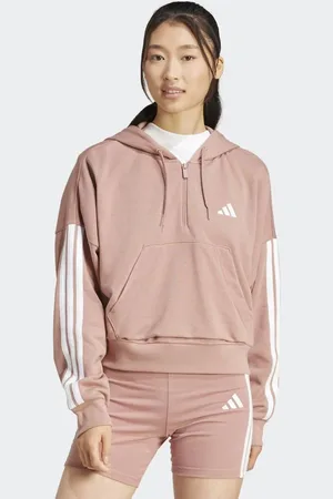 adidas Sudadera color arcilla cálido y blanca con capucha, cremallera corta y 3 rayas de felpa rizada Essentials de -Naranja