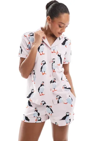 Chelsea Peers Pijama de camisa de manga corta con solapas y pantalones cortos con estampado Puffin de