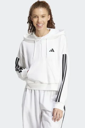 adidas Sudadera blanca y negra con capucha, cremallera corta y 3 rayas de felpa rizada Essentials de -Blanco