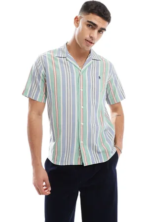 Ralph Lauren Camisa azul y verde a rayas multicolores de corte clásico extragrande y manga corta con logo Icon de