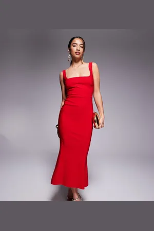 Vesper Vestido midi sin mangas de corte sirena con escote cuadrado de bengalina de