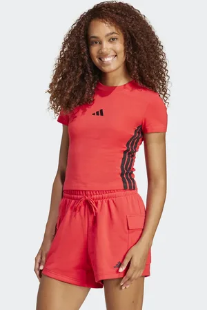 adidas Camiseta rojo rubí y negra de corte slim con diseño encogido y 3 rayas Essentials de