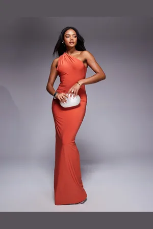 Fashionkilla Vestido largo asimétrico y ceñido de tejido moldeador doble con espalda abierta y detalle de concha de metal de