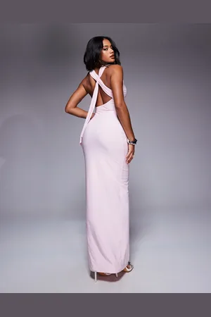 Fashionkilla Vestido largo pastel ceñido con espalda abierta y detalle drapeado de tejido moldeador doble de