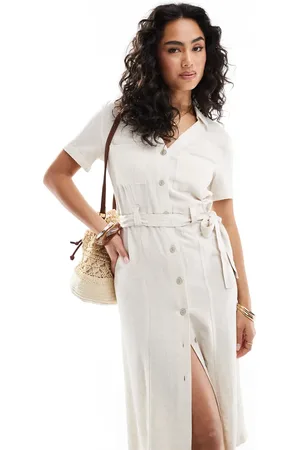 ONLY Vestido camisero color crema con lazada en la cintura de mezcla de lino de -Blanco