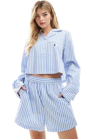 Ralph Lauren Pijama azul a rayas de camisa corta y pantalones cortos estilo bóxer de