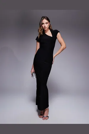 Fashionkilla Vestido largo ceñido con mangas de casquillo, abertura y diseño moldeador doble de