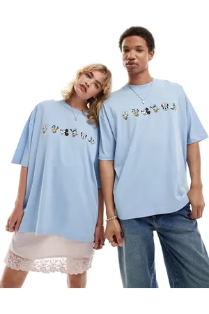ASOS Camiseta azul lavado unisex extragrande con estampados de Mickey Mouse y sus amigos de Disney de