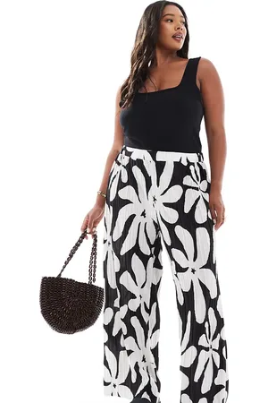 VERO MODA Pantalones plisados de pernera ancha y talle alto con estampado tropical de