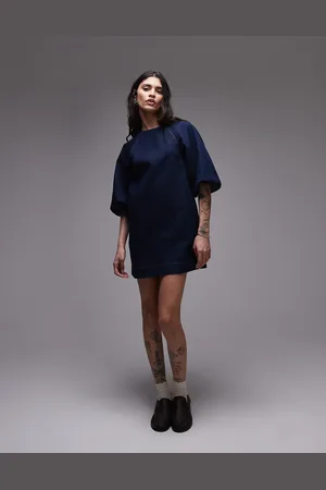 Topshop Vestido vaquero corto azul añil efecto crudo de corte recto con mangas globo de