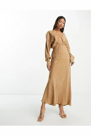 ASOS Vestido largo marrón moca con abertura y detalle fruncido con cordón ajustable de