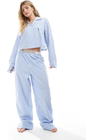 Ralph Lauren Pantalones de pijama azules a rayas con cinturilla elástica con logo de popelina de