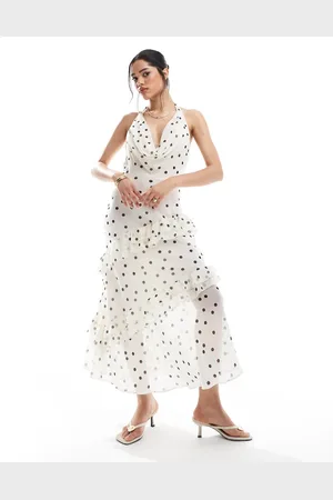 New Look Vestido largo color crema con cuello desbocado y volante de -Blanco