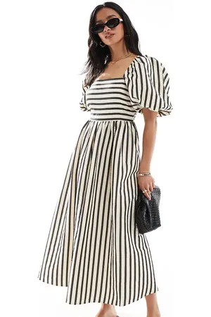 New Look Vestido midi color crema a rayas de estilo mesonera con mangas abullonadas de -Blanco