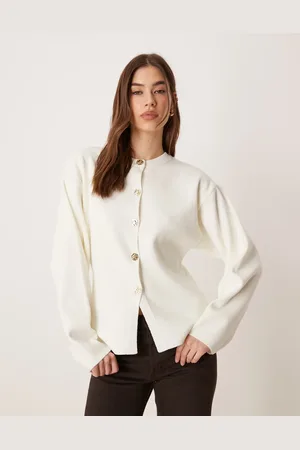 ASOS Cárdigan color estructurado con cuello redondo y botones dorados de punto de -Blanco