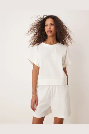 ASOS Camiseta color de punto gofrado con bajo de canalé grueso de -Blanco