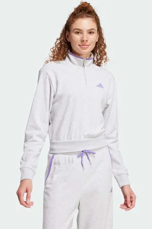 adidas Chaqueta de chándal corta gris claro jaspeado con cremallera corta y detalles de color de felpa rizada Essentials de