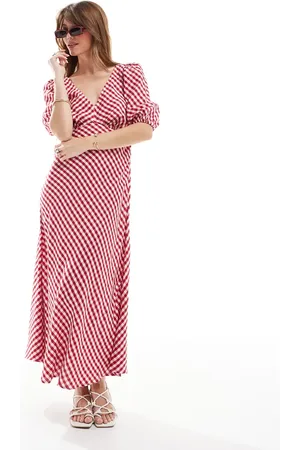 New Look Vestido midi rojo a cuadros vichy con lazada trasera de