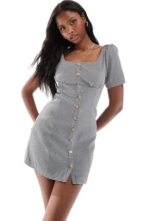 Daisy Street Vestido corto a cuadros vichy monocromáticos de estilo mesonera con botones en la parte delantera de -Negro
