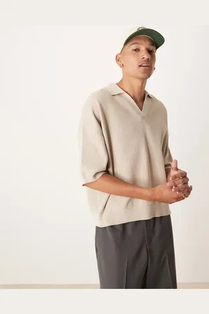 ASOS Polo color de corte cuadrado extragrande con muesca en el cuello de punto texturizado de -Neutro
