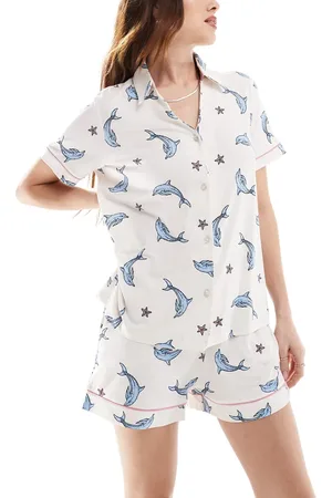 Chelsea Peers Pijama de camisa de manga corta con solapas y pantalones cortos con estampado de delfines de poliéster de