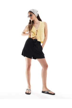 VERO MODA Pantalones cortos negros de talle alto y corte suelto con detalle de lazada de