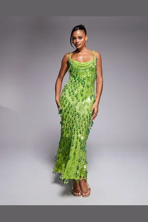 ASOS Vestido largo verde luminoso con cuello desbocado y lentejuelas colgantes de