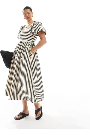 New Look Vestido midi color crema a rayas de estilo mesonera con mangas abullonadas de -Blanco